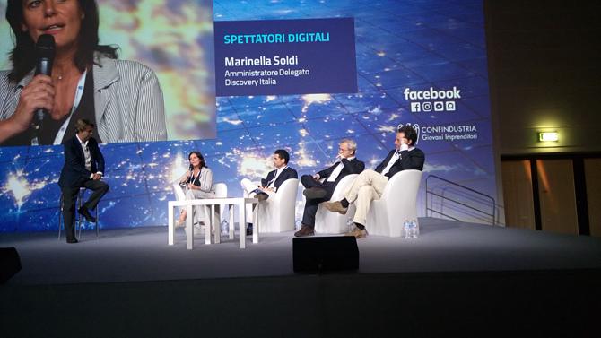 Forum dell&rsquo;Economia Digitale (Fed), da destra Plateroti, Mentana, De Benedetti, Soldi e Porro