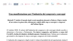 #SOScongressiEconvegni, martedì 27 ottobre la event industry davanti a Palazzo Chigi per chiedere supporto a un settore in agonia ingiustamente discriminato