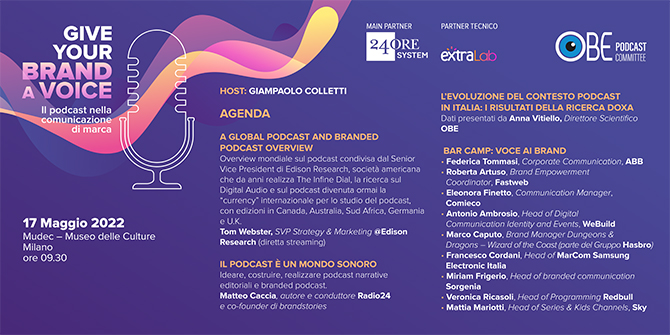 Agenda evento Give Your Brand a Voice branded podcast mudec OBE
