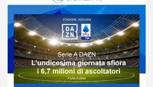 Serie A DAZN. L'undicesima giornata sfiora i 7,6 milioni di spettatori