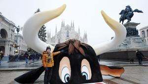 Il toro Ferdinand, protagonista dell'omonimo film di Natale distribuito da 20th Century Fox, è spuntato in piazza del Duomo a Milano
