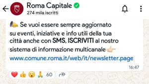 Roma Capitale: aumentano gli aggiornamenti in tempo reale sul canale whatsapp. Nuove rubriche su bandi e concorsi, cantieri e viabilità, eventi